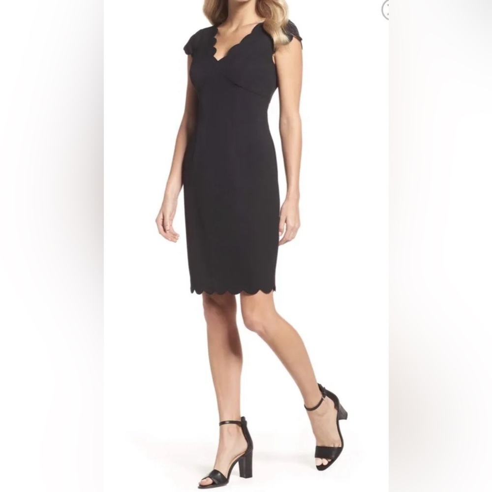 NWT- Adrianna Papell Scalloped Crepe Sheath Dress Black Size 2 Petite